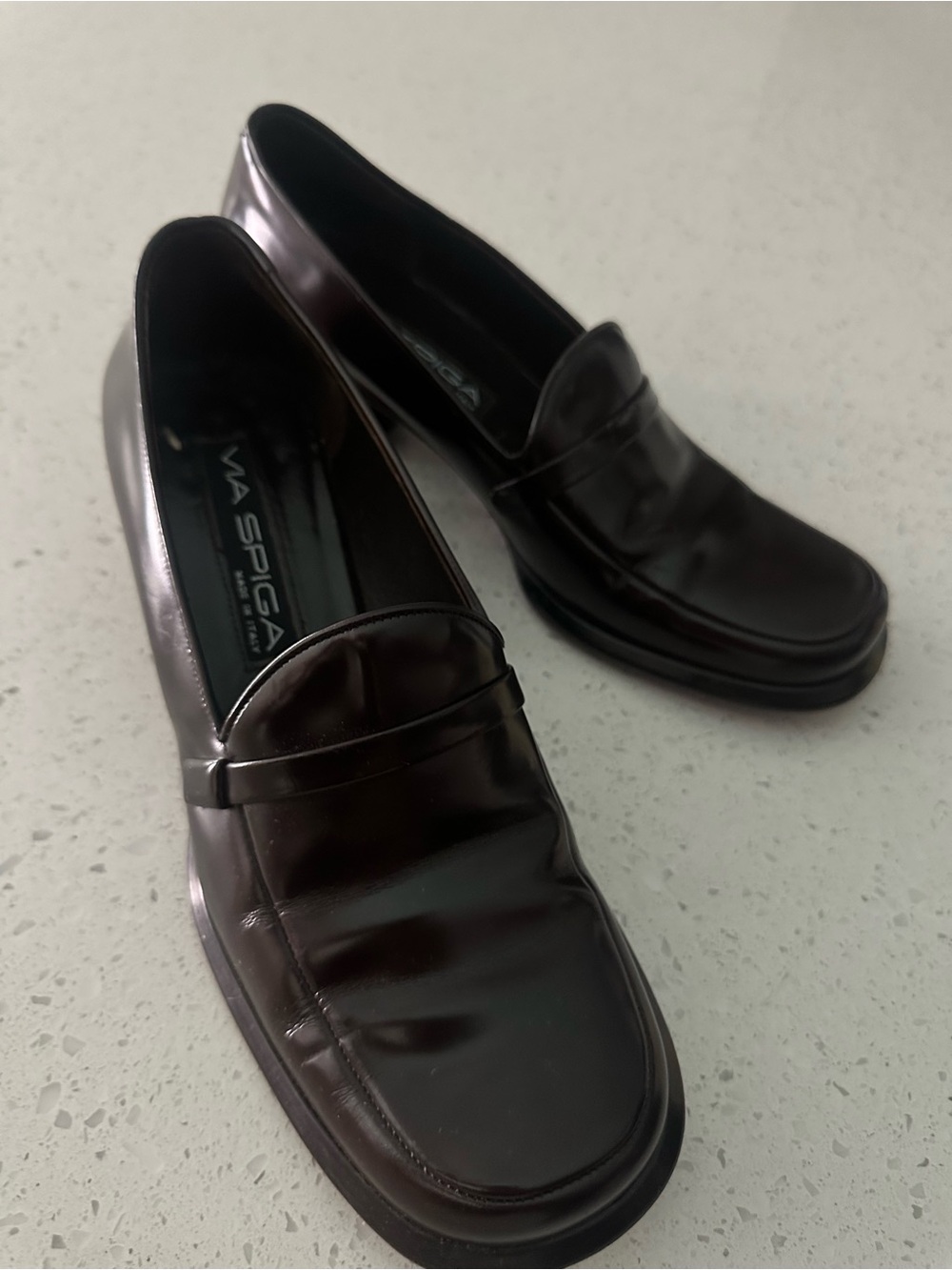 Vintage Via Spiga Patent Leather Loafers Dark Brown Heels 7.5